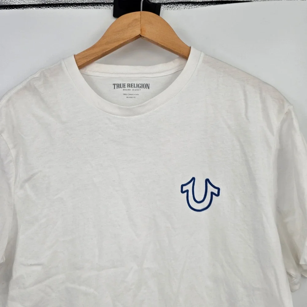True Religion Mens Relaxed Fit White Graphic T-Shirt Navy Horseshoe Logo Small
